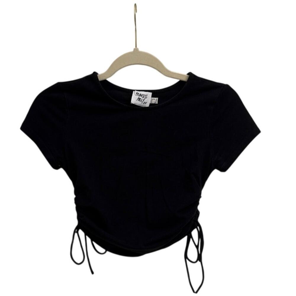 Princess Polly Basics Ruched Side Tie Baby Tee Black Crop Top Size 2